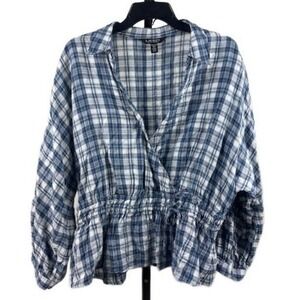 Lauren Ralph Lauren Blouse Women's Size XXL 100% Linen Blue Plaid Faux Wrap Tie